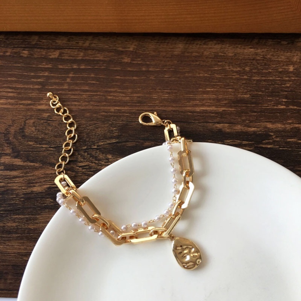 Chunky Paperclip Chain Bracelet, Half Pearl and Half Chain, Double layer golden
